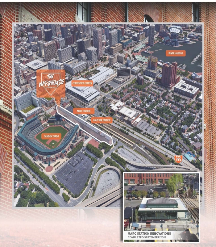 Aerial view of the Camden Yards area in Baltimore, highlighting landmarks such as the Convention Center, Inner Harbor, Oriole Park at Camden Yards, and nearby transit stations. A smaller inset image shows the renovated MARC station, completed in September 2019.