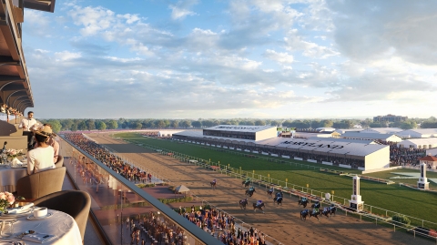 Rendering by Ayers Saint Gross / Populous of Pimlico Race Course, view of horse race and infield from balcony