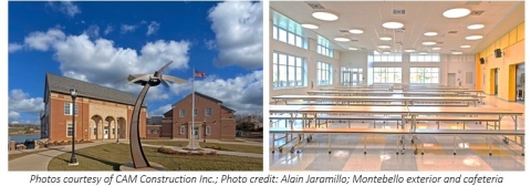Montebello Elementary/Middle School exterior. A wide-angle view of the newly renovated Montebello Elementary/Middle School building. alongside is a separate image of the updated cafeteria space with rows of windows along the walls and lunch tables lining the floor. 