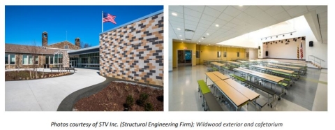 Left Image: An exterior view of the renovated Wildwood Elementary/Middle School, showing a multi-story brick building with large windows and a prominent entrance canopy. Right Image: Interior view of the cafeteria with two columns of long rectangular tables and a small stage space cut out in the wall behind the tables.
